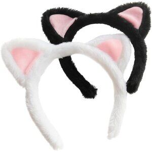 Women's Black White Cat Ears Headband 2-Pack Plush Fuzzy Hairbands for Cosplay